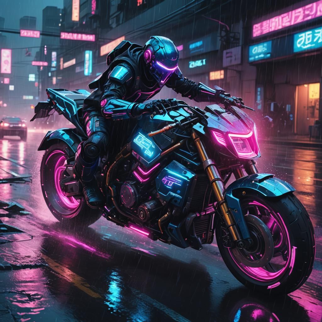 Cyberpunk Motorcycle Speeds Down Neon Highway