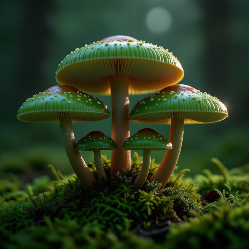 Luminous Green Mushrooms in Hyper-Realistic Detail