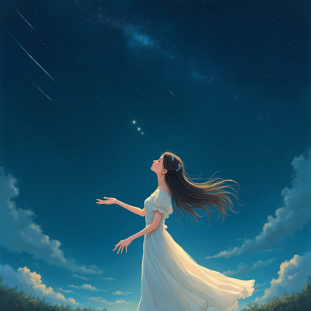 Dreamy Starlight Goddess Reaches for Shooting Star