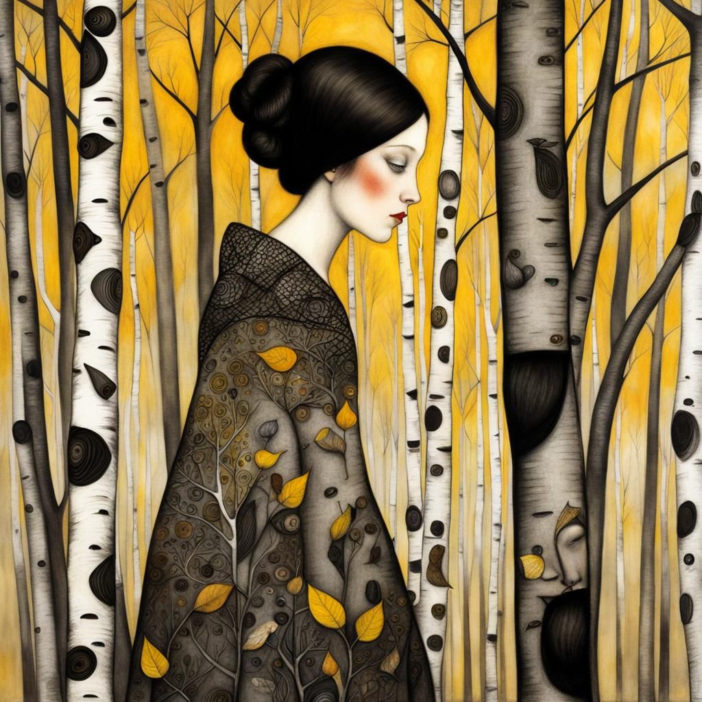 Girl in Birch Forest Drawing in Art Nouveau Style