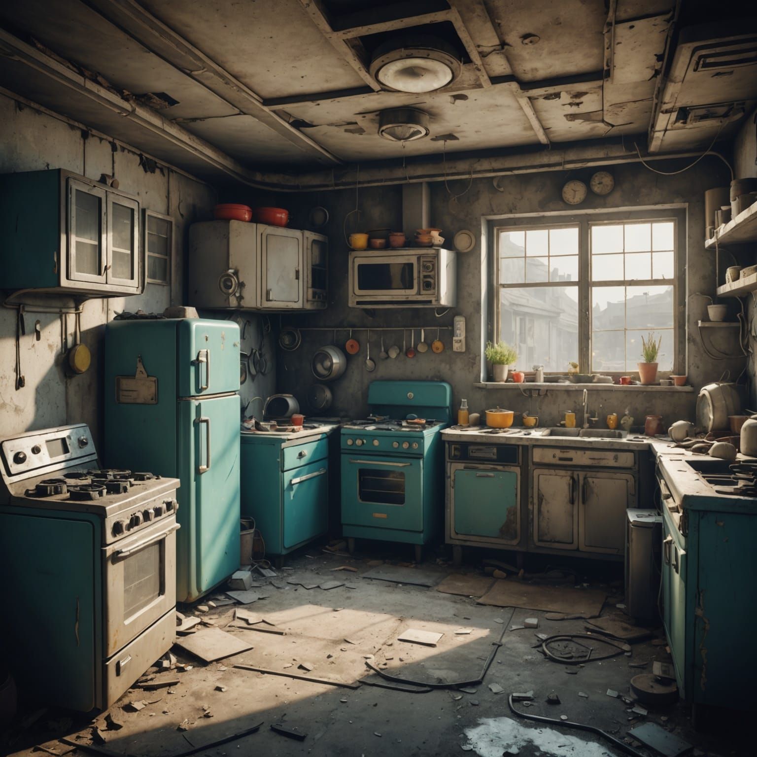 Retro-Futuristic Ruined House Interior in Post-Apocalyptic S...