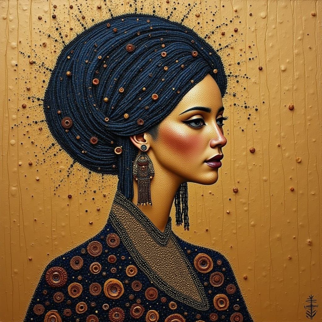Detailed Portrait with Textured Fabric in Klimt Style