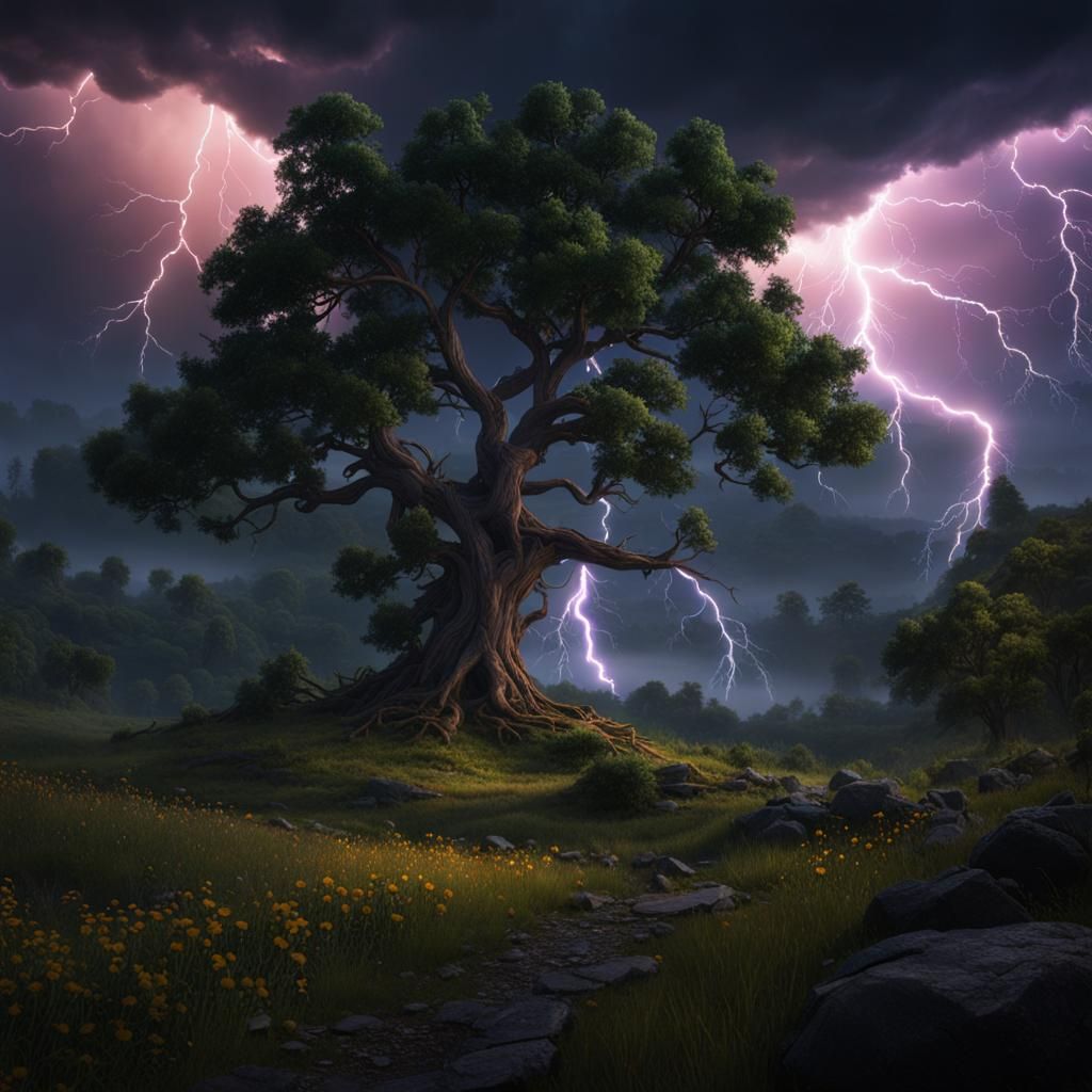 Dramatic Thunderstorm Scene in Valley, Detailed Matte Painti...