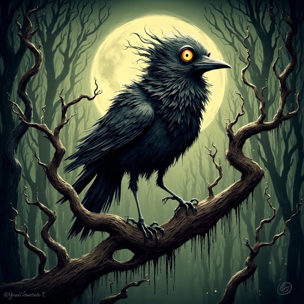Crow drawn in the style of Dan Mumford and Tim Burton <lora:SybilThorn-FluxLORA6:1.0>