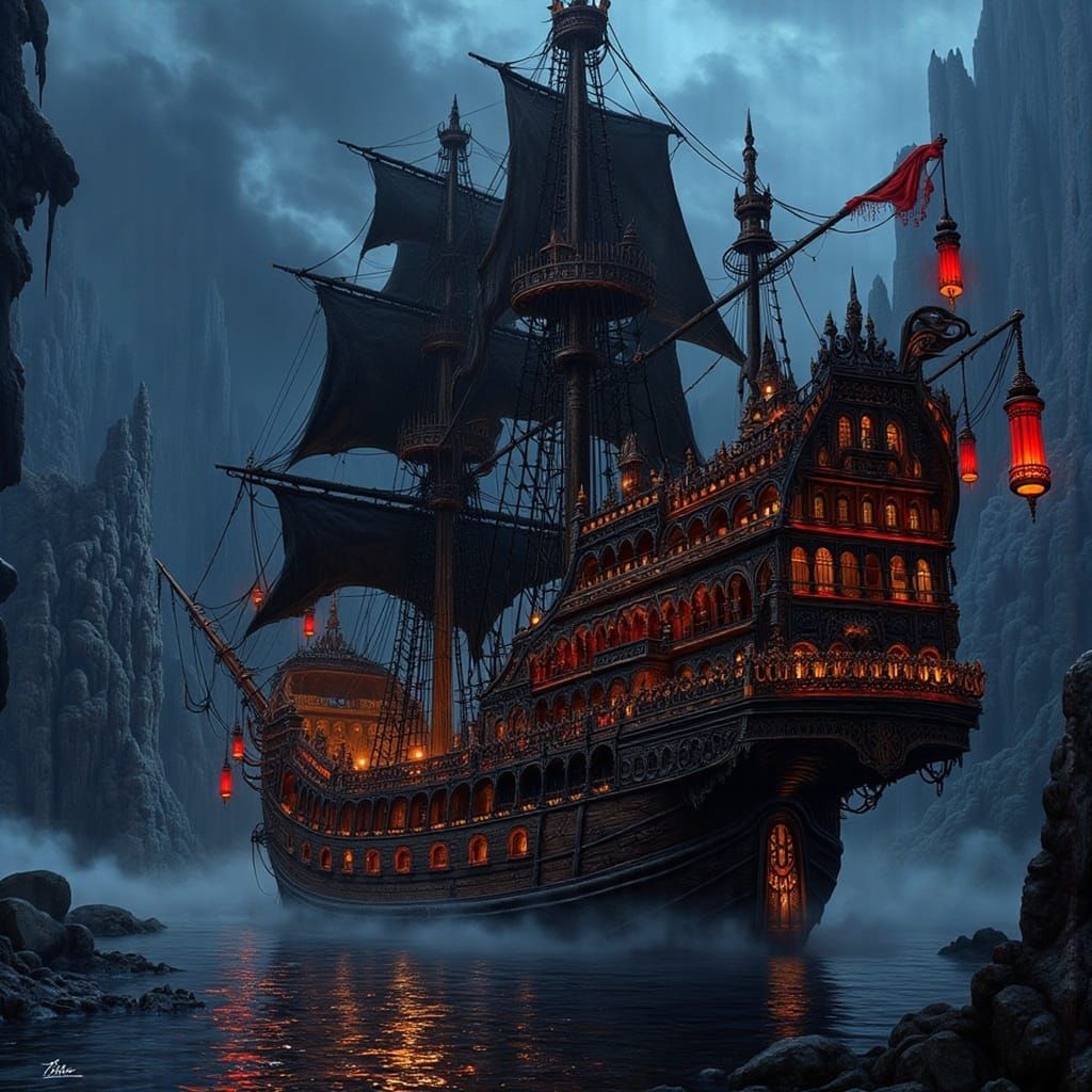 Mystical Pirate Ship in Art Nouveau Punk Style
