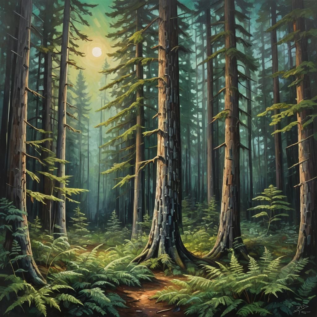 Moonlit Forest Oil Painting in Emerald and Silver