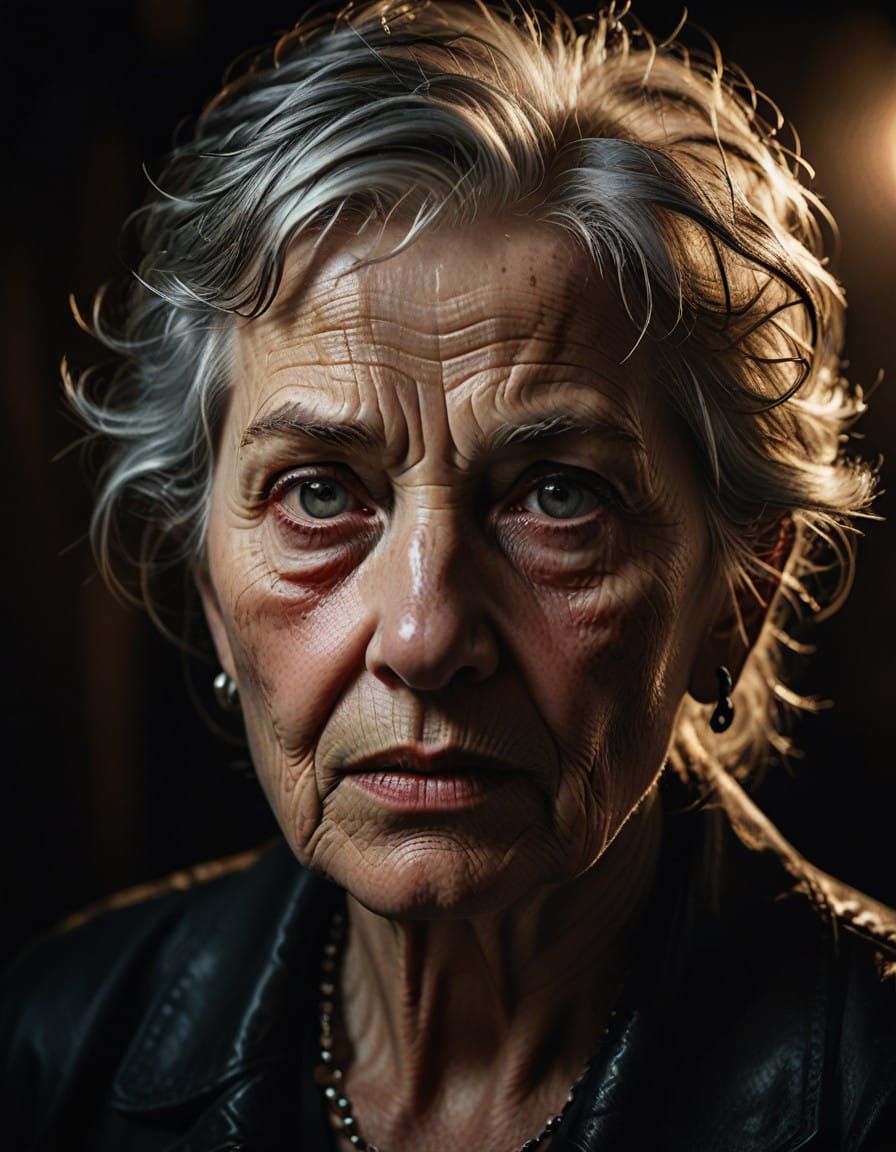 Intense Portrait of a Wise Elder Woman in Dramatic Lighting