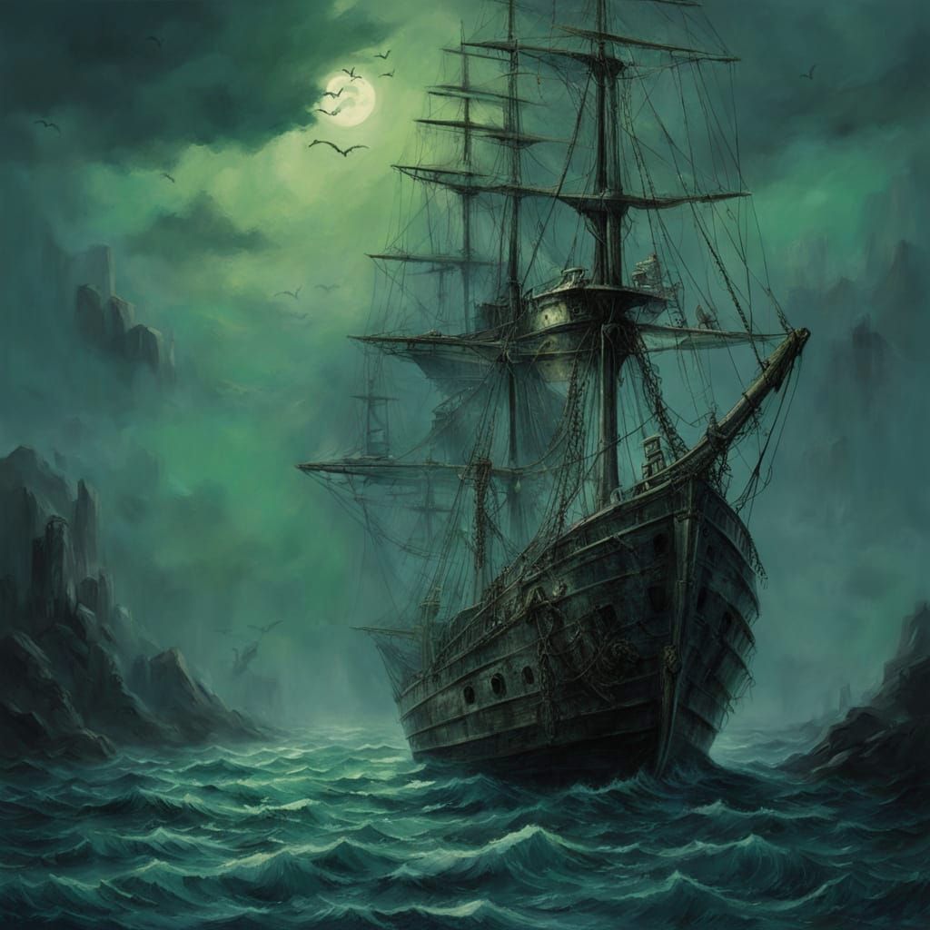 Eerie Ghost Ship in Foggy Waters - Impasto Oil Painting