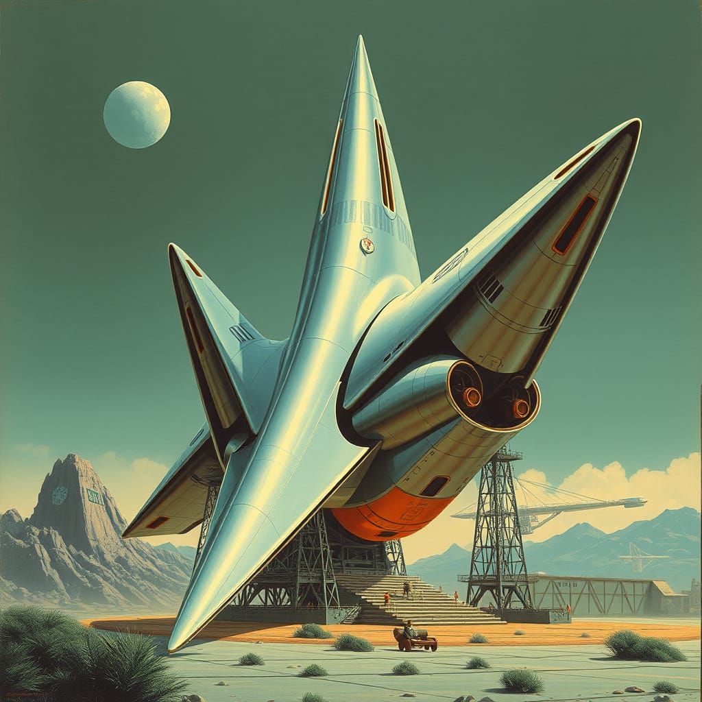 Retro-Futuristic Spaceship on Launch Pad, Pulp Sci-Fi