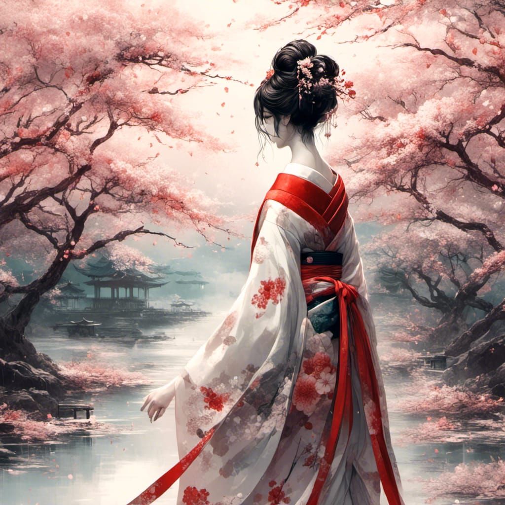 Geisha Walking Under Cherry Blossoms Near the Ocean