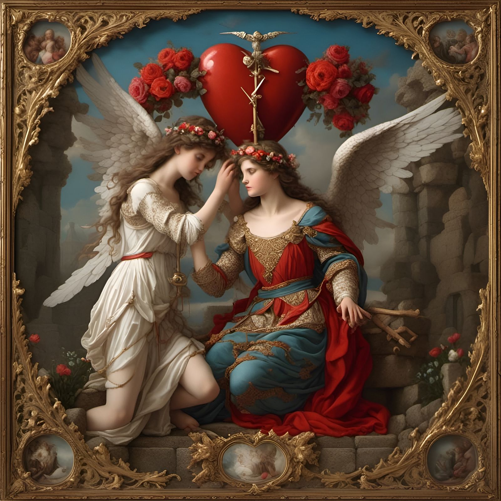 Valentine's Day Couple with Cupid Overhead