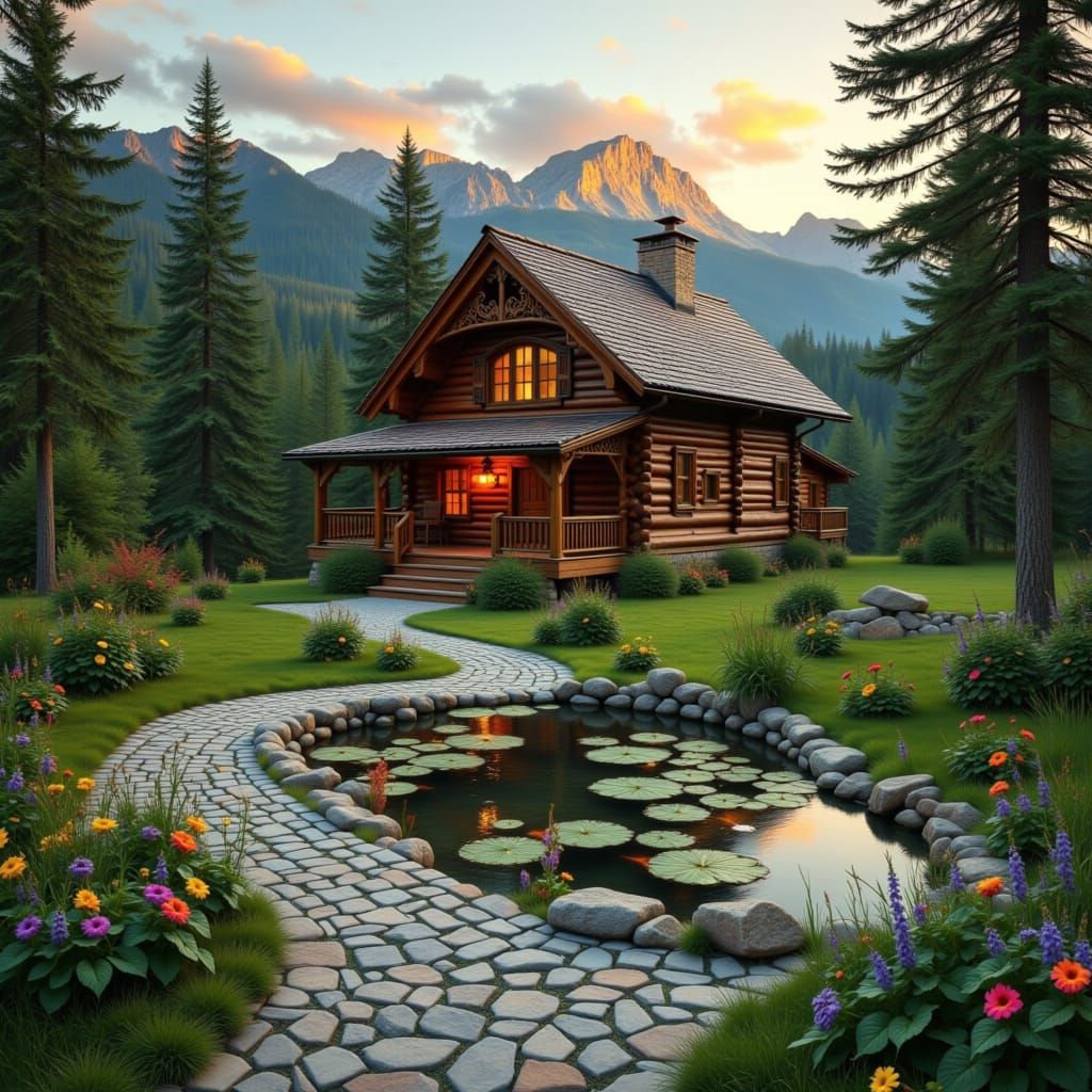 Log Cabin Retreat with Koi Pond, Surreal Digital Art