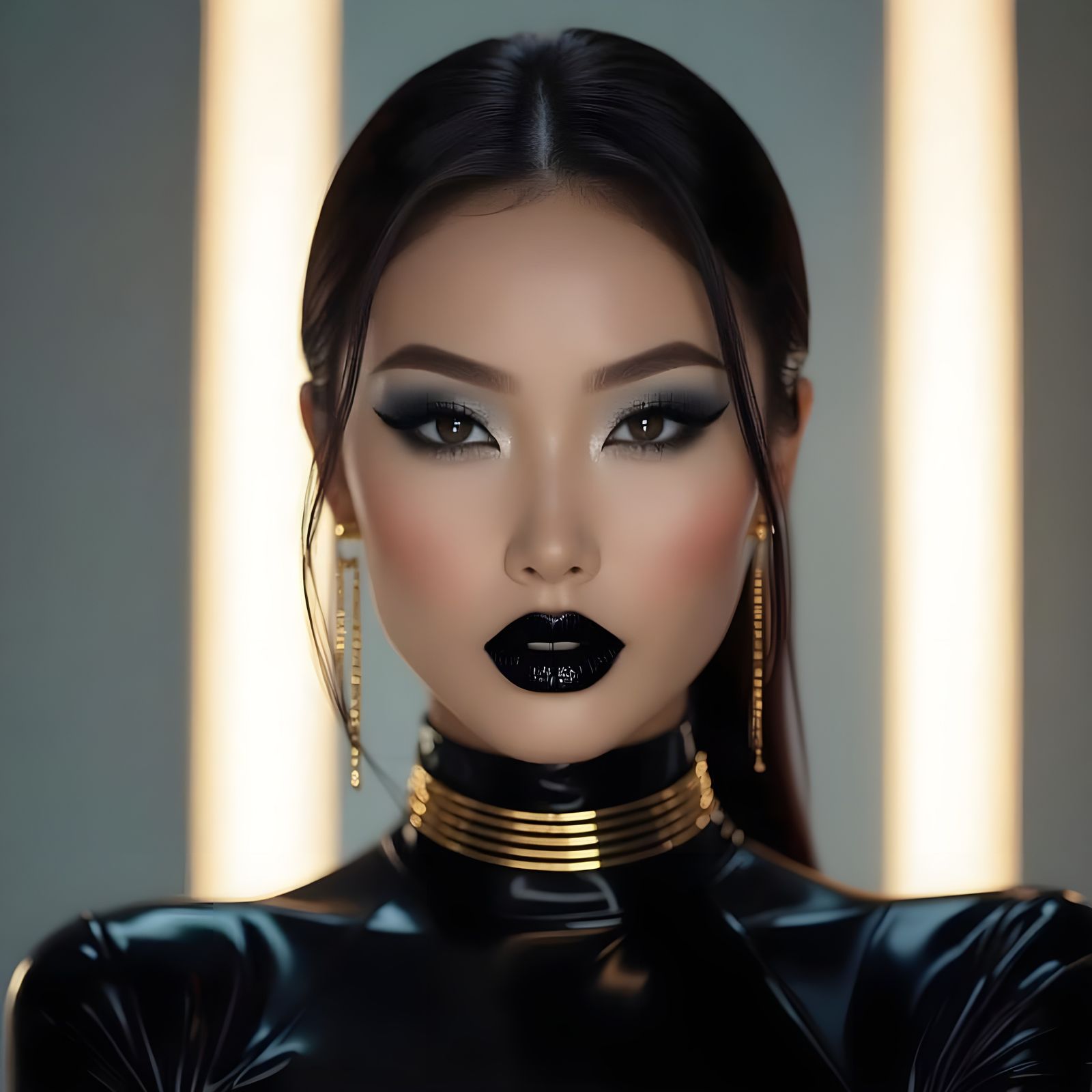 Sly Asian Woman in Latex with Golden Jewelry