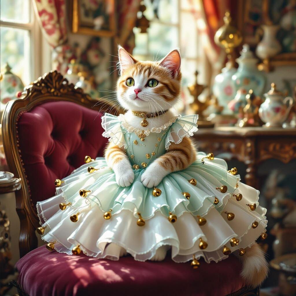 Whimsical Glass Dress Cat on Velvet Cushion