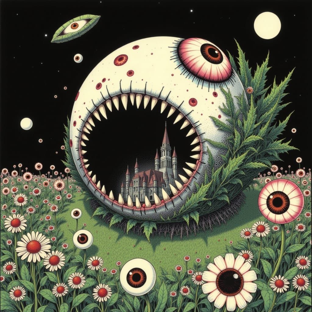 Eerie Eyeball Monster with Gothic Castle Town