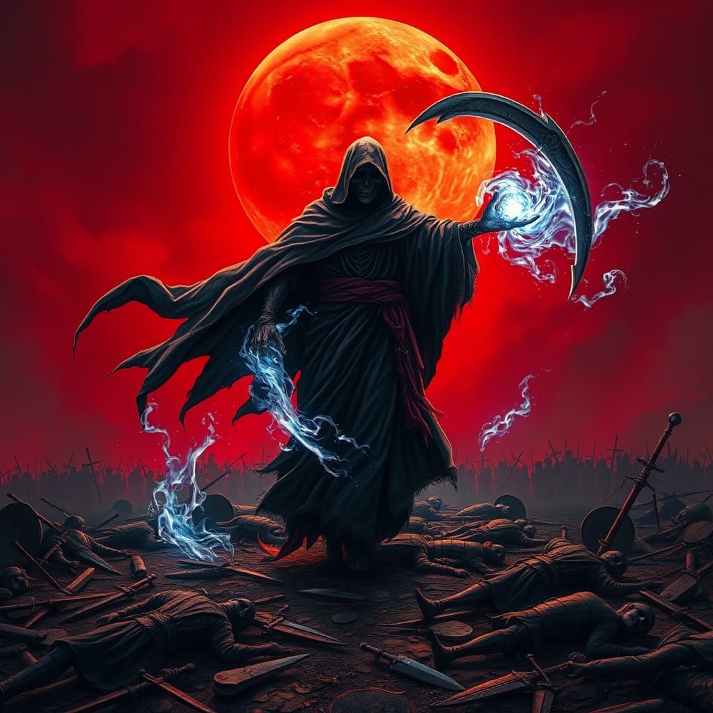 Majestic Grim Reaper Over War-Torn Battlefield