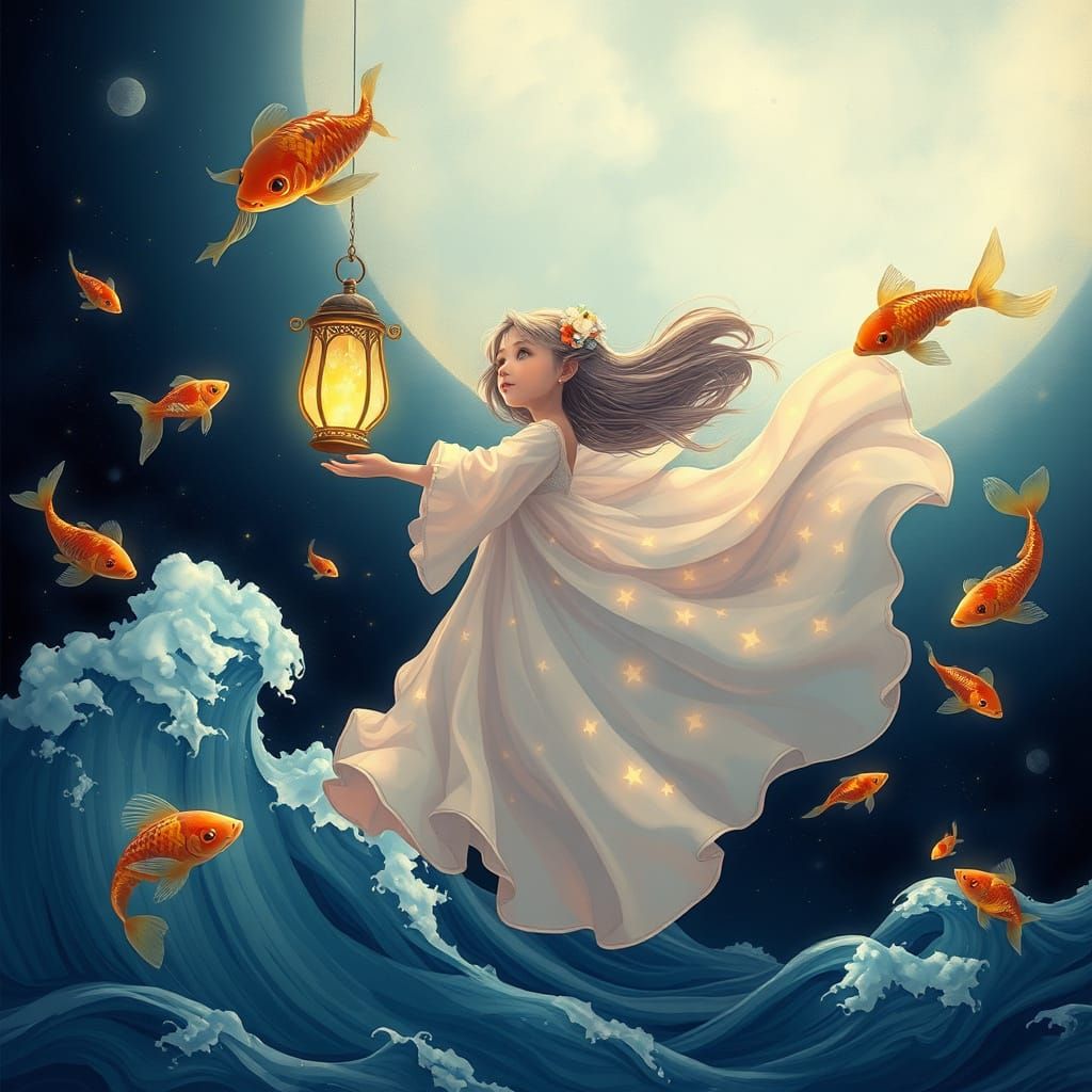 Dreamlike Girl Floating Above Ocean with Lantern