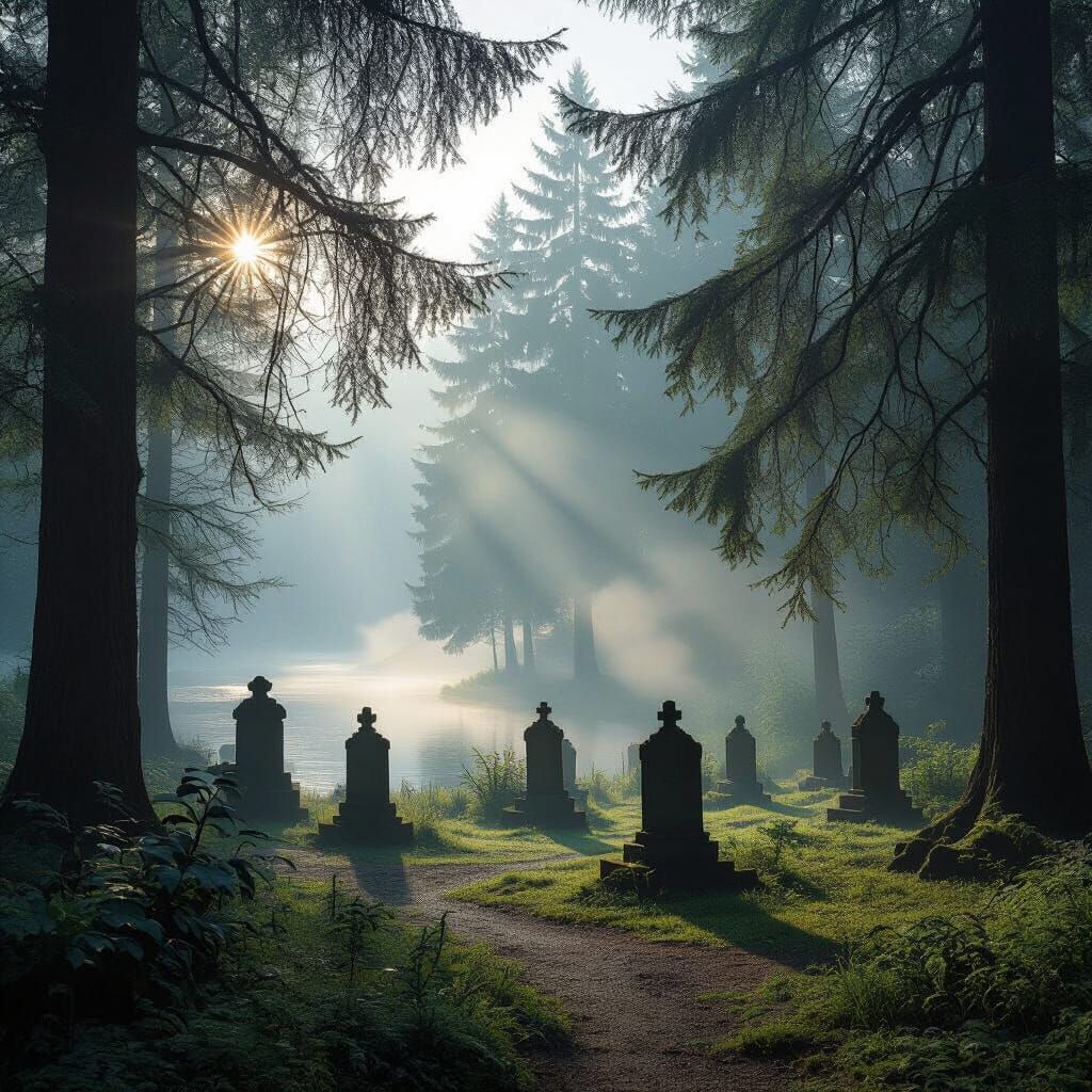 Misty Morning Cemetery by River in Soft Light