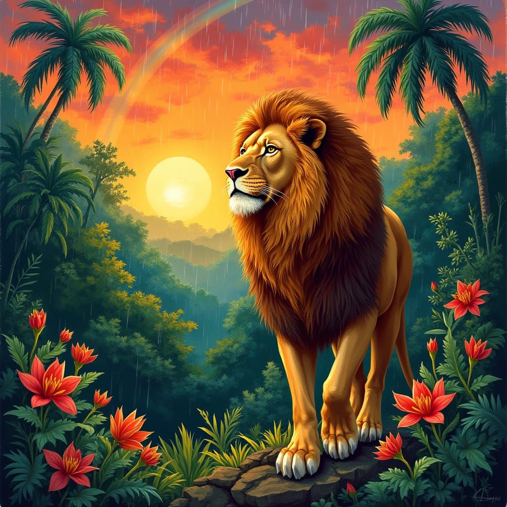 Majestic Lion in Lush Jungle Sunset