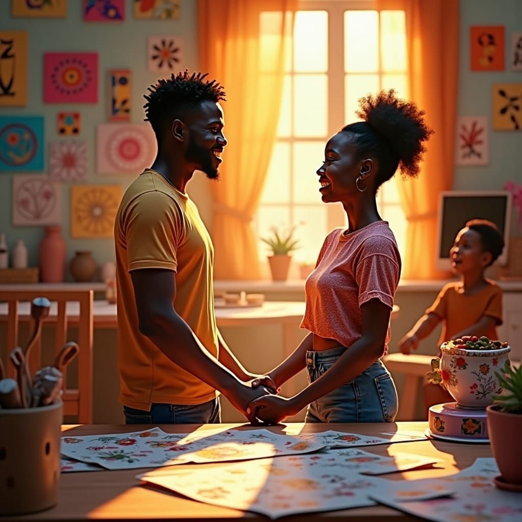 Happy Black Family in Cozy Home, Fantasy Art