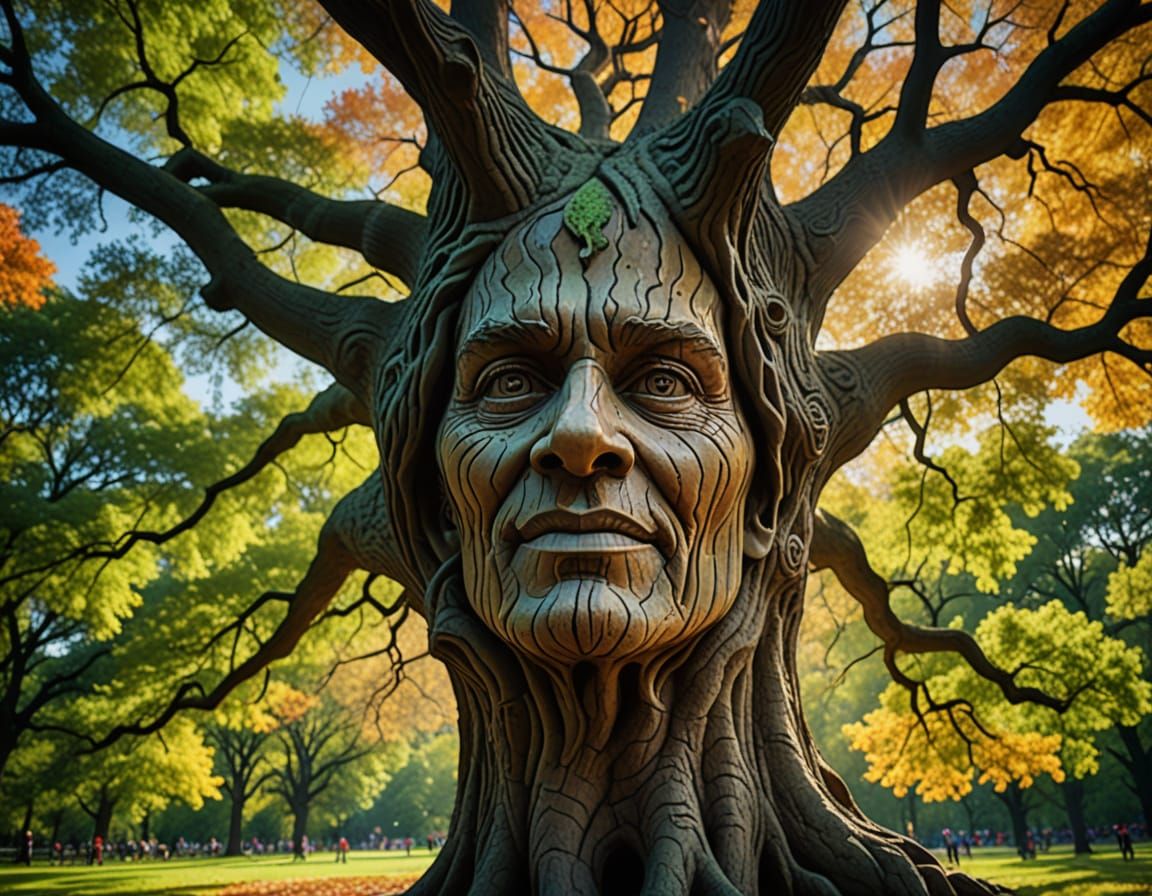 Photorealistic Tree with Human Face in Park