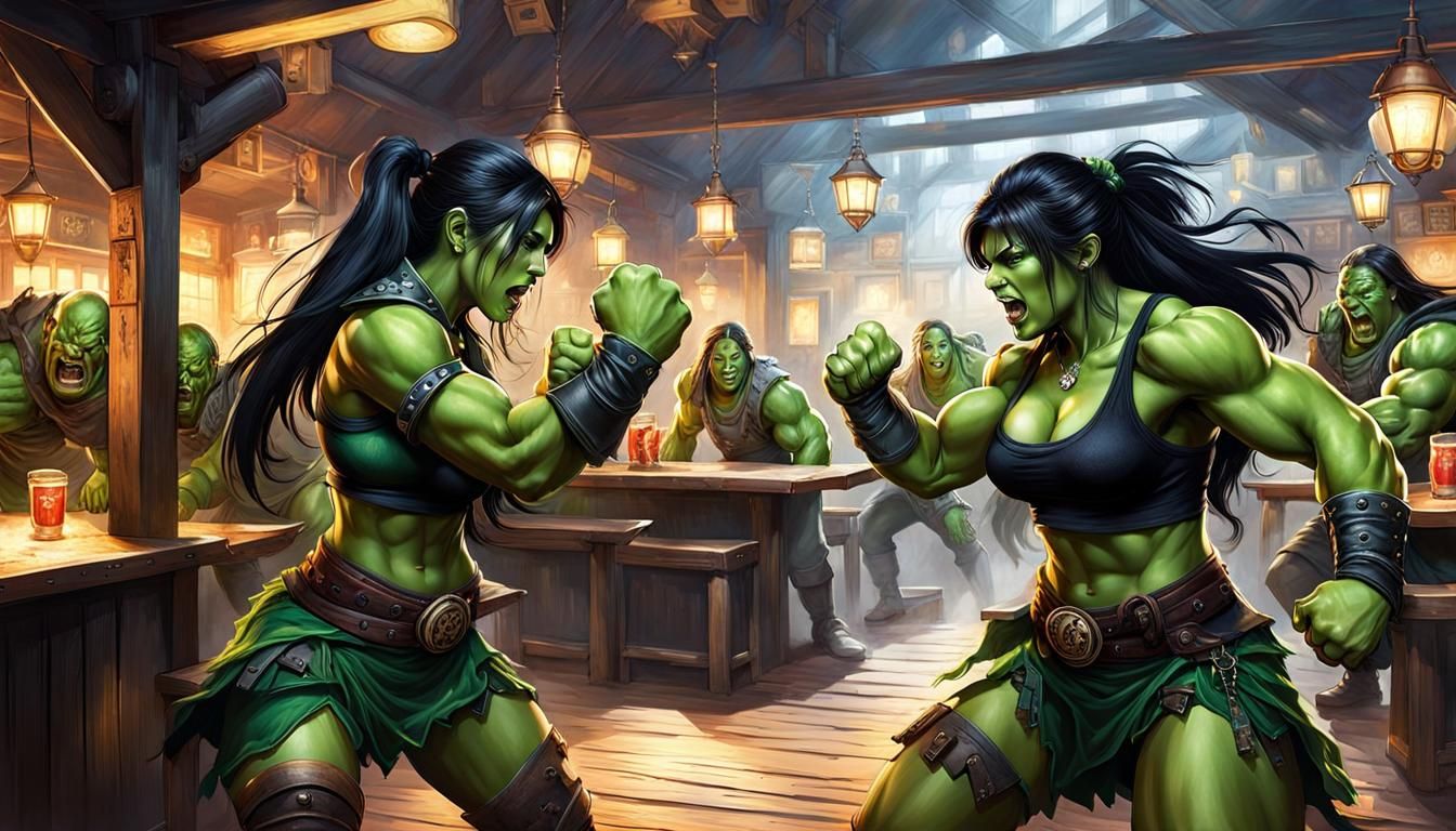 Fierce Orc Female Tavern Brawl in Fantasy Art Style