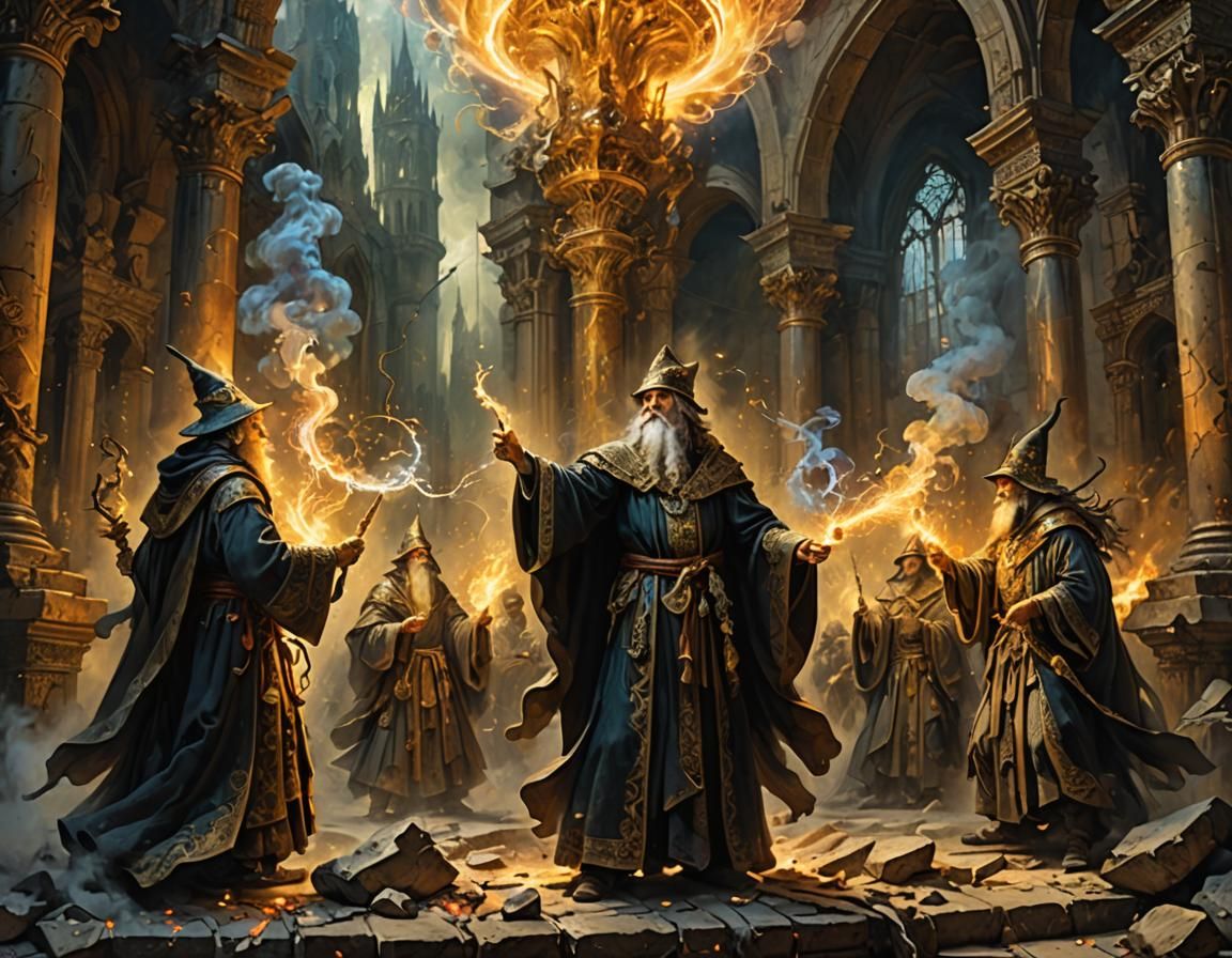 Wizards Duel in Dramatic Chiaroscuro Style