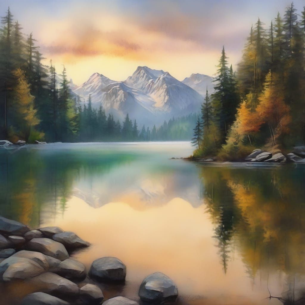 Golden Sunrise Over Serene Mountain Lake