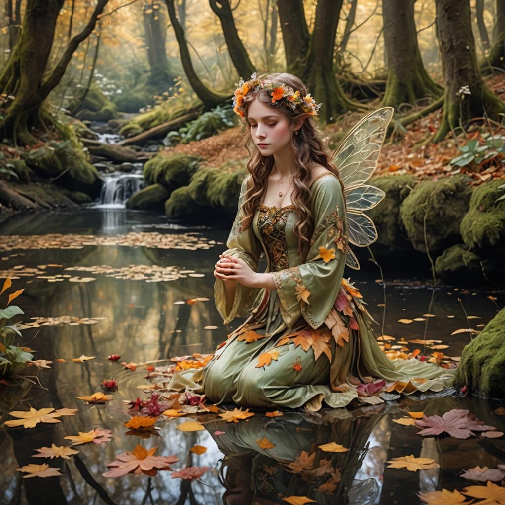 Woodland Fairy with Autumn Leaves and Flowers