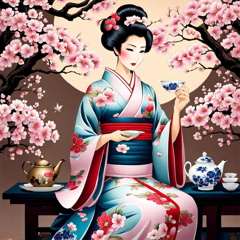 Japanese Woman in Kimono with Cherry Blossoms