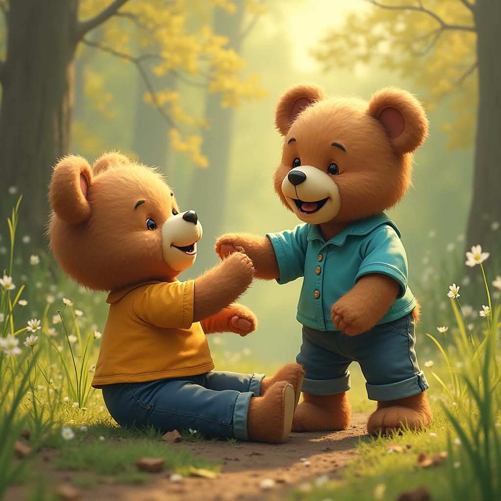 Teddy Bears Giggling on Grass, Matte Painting