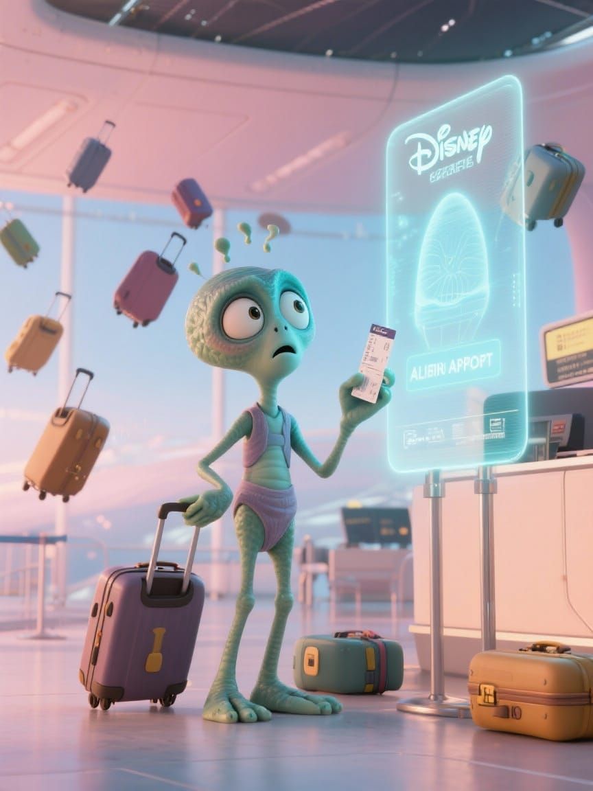 Confused Disney Pixar Alien at Intergalactic Airport
