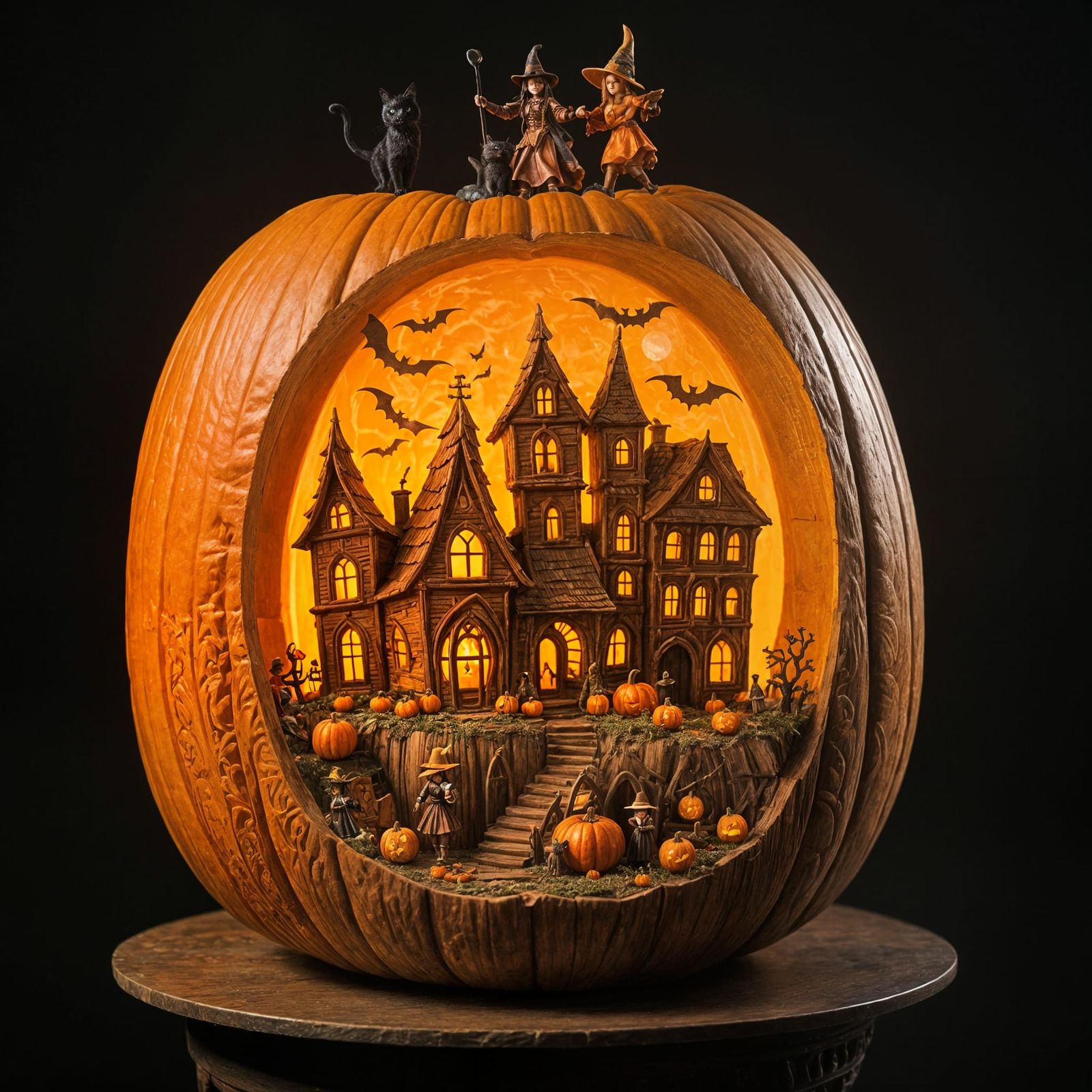 Miniature Halloween City Inside Carved Pumpkin