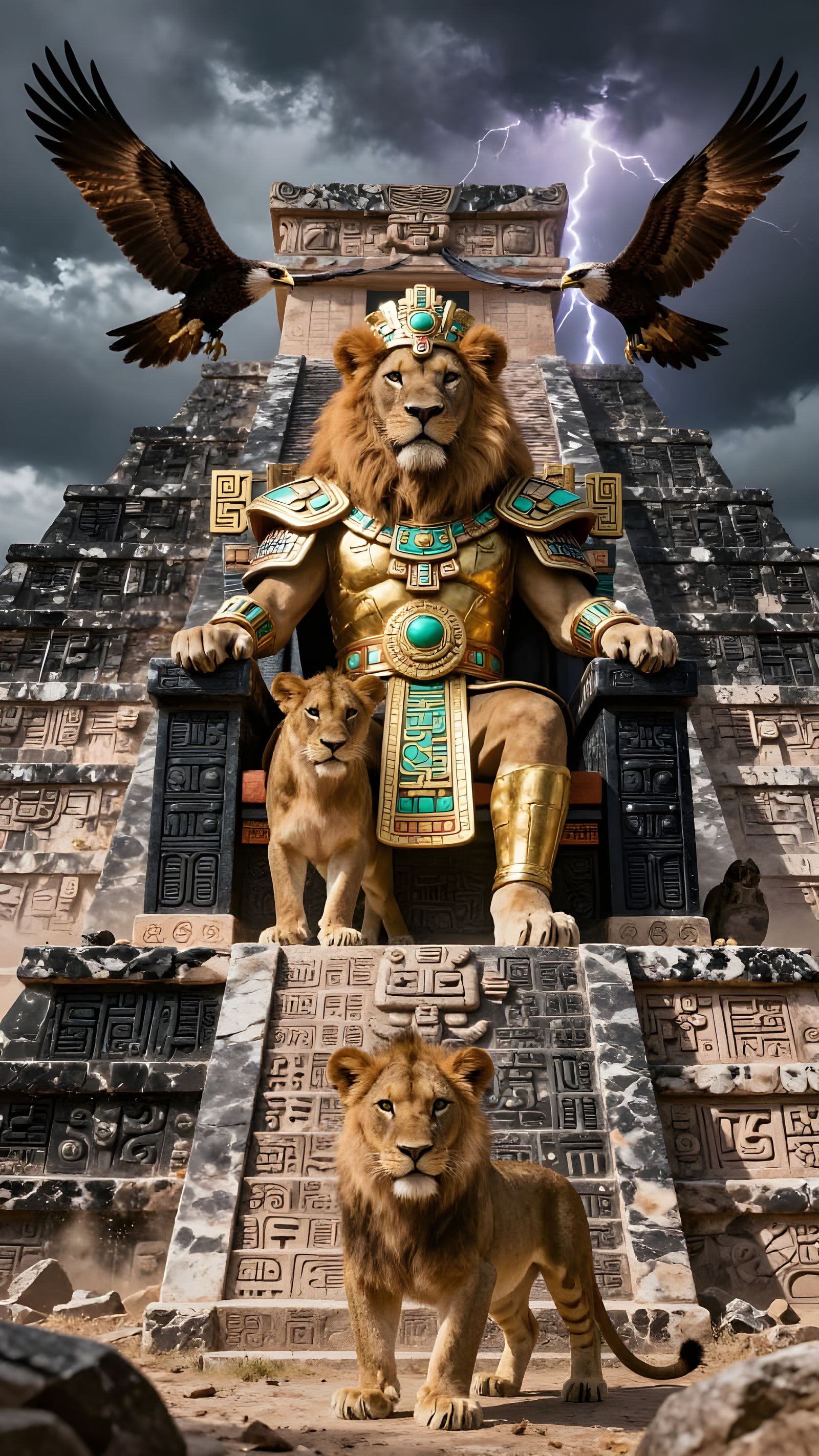 Majestic Lion King on Mayan Throne Under Stormy Skies
