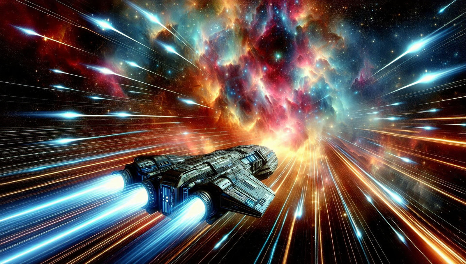 Interstellar Spaceship Journey Through Colorful Nebula