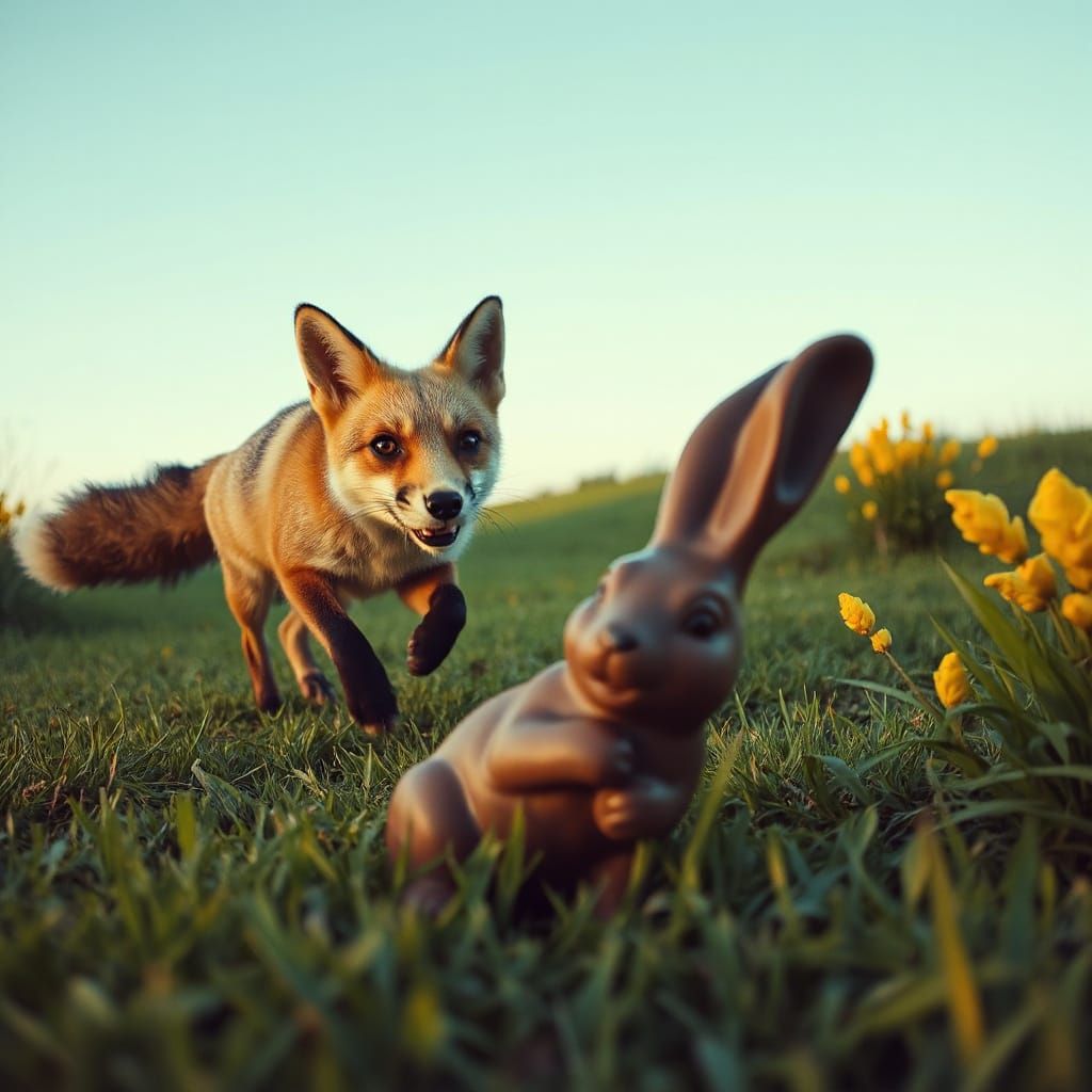 Sprinting Red Fox Chases Chocolate Easter Bunny in Vibrant G...