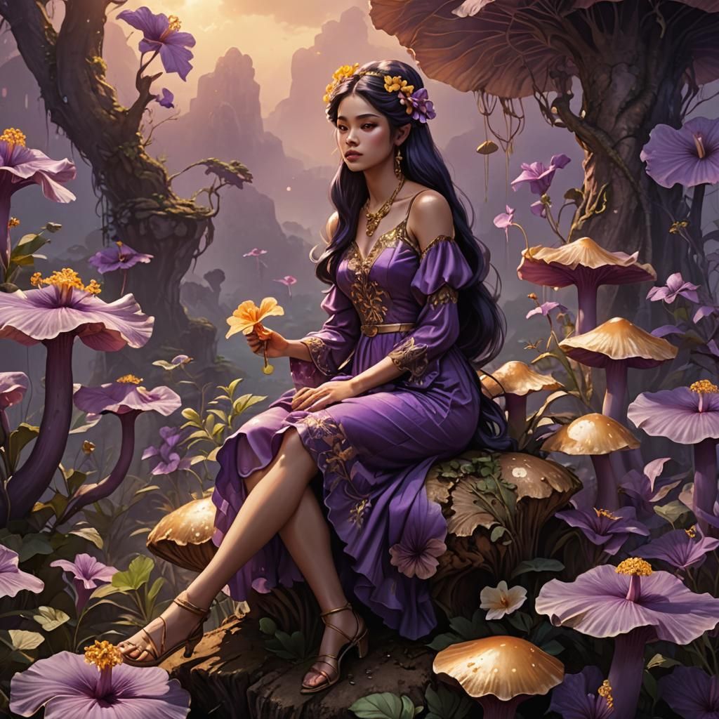 Anime Girl on Mushroom, Surreal Matte Painting