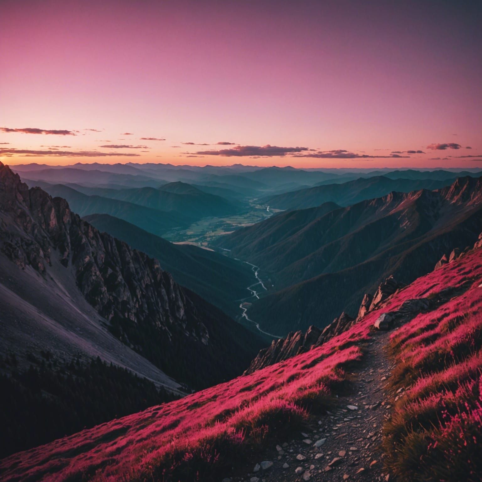Dramatic Pink Sunset Over Mountain Range