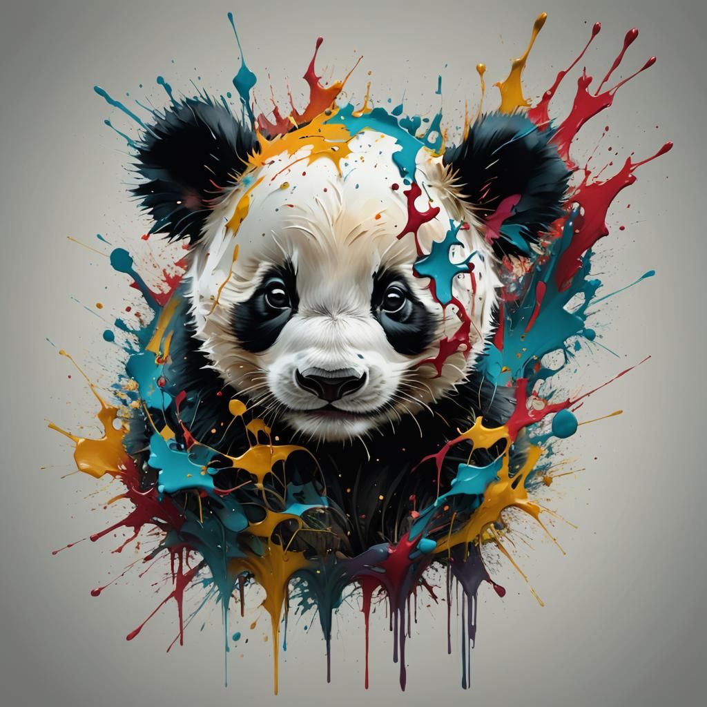 Inkblot Panda Cub Portrait in Oil Painting Style