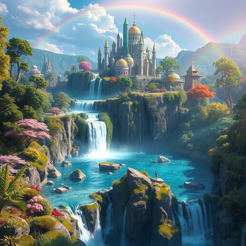 Crystal City Atop Waterfall in Anime Style