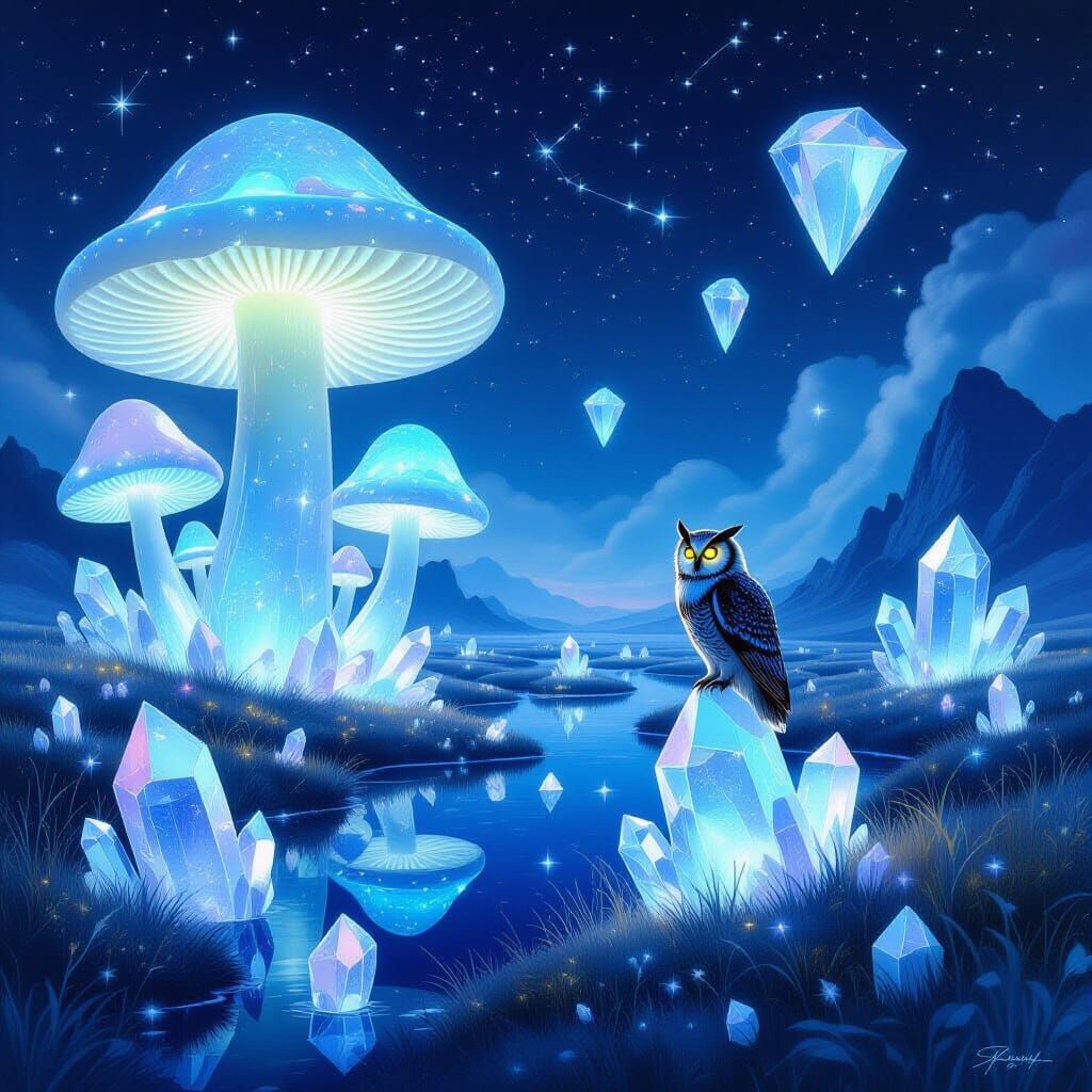 Ethereal Landscape of Bioluminescent Mushrooms and Crystal I...