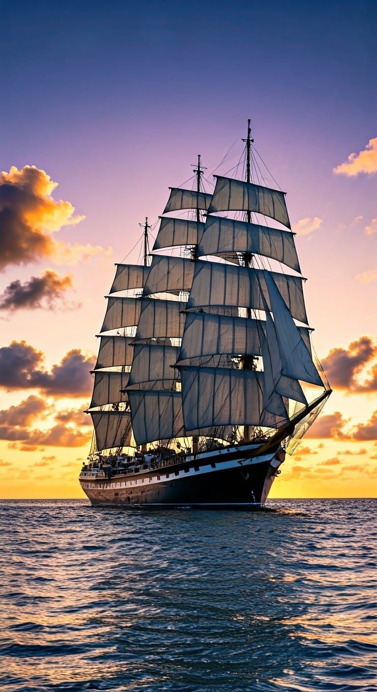 Majestic Sailing Ship Under Sunset in Digital Painting Style