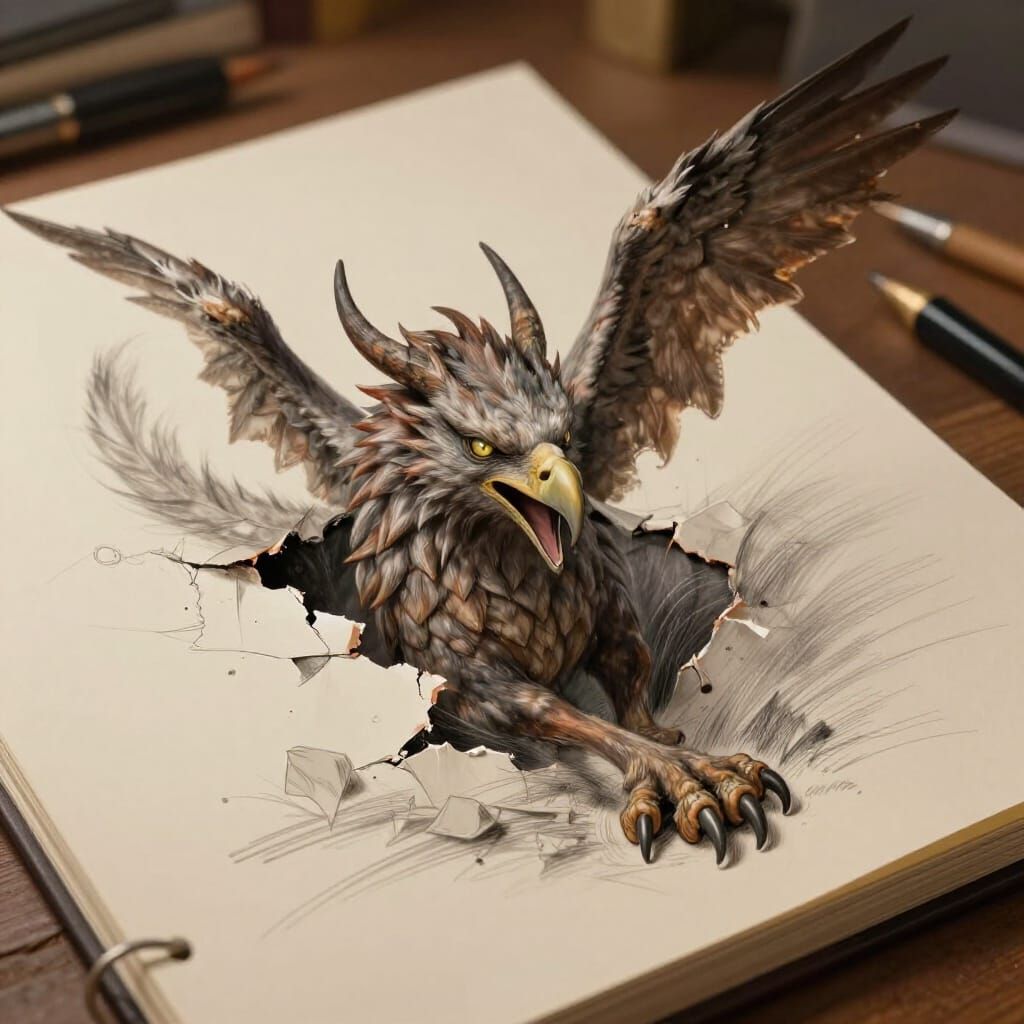 Gryphon Emerges From Sketchbook Page in Digital Painting