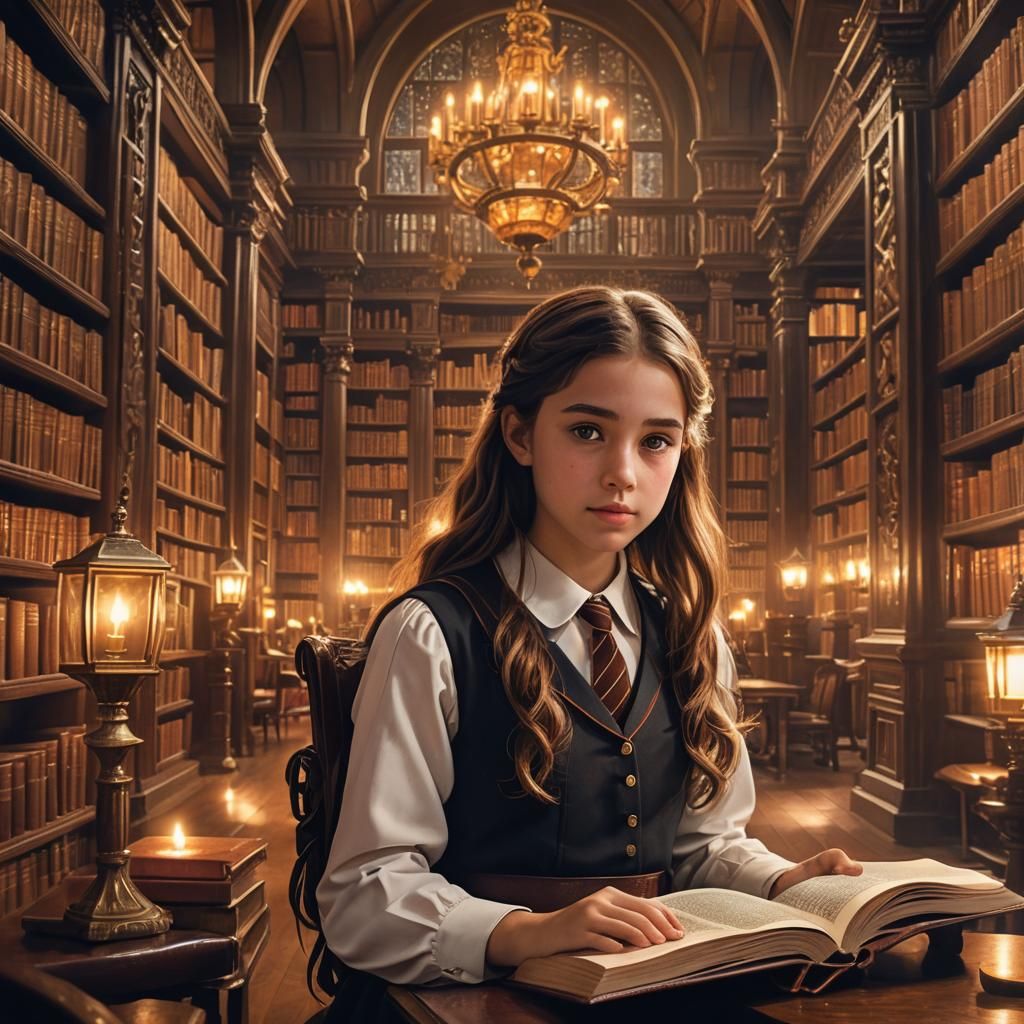 Girl Reading Book in Library: Fantasy Art