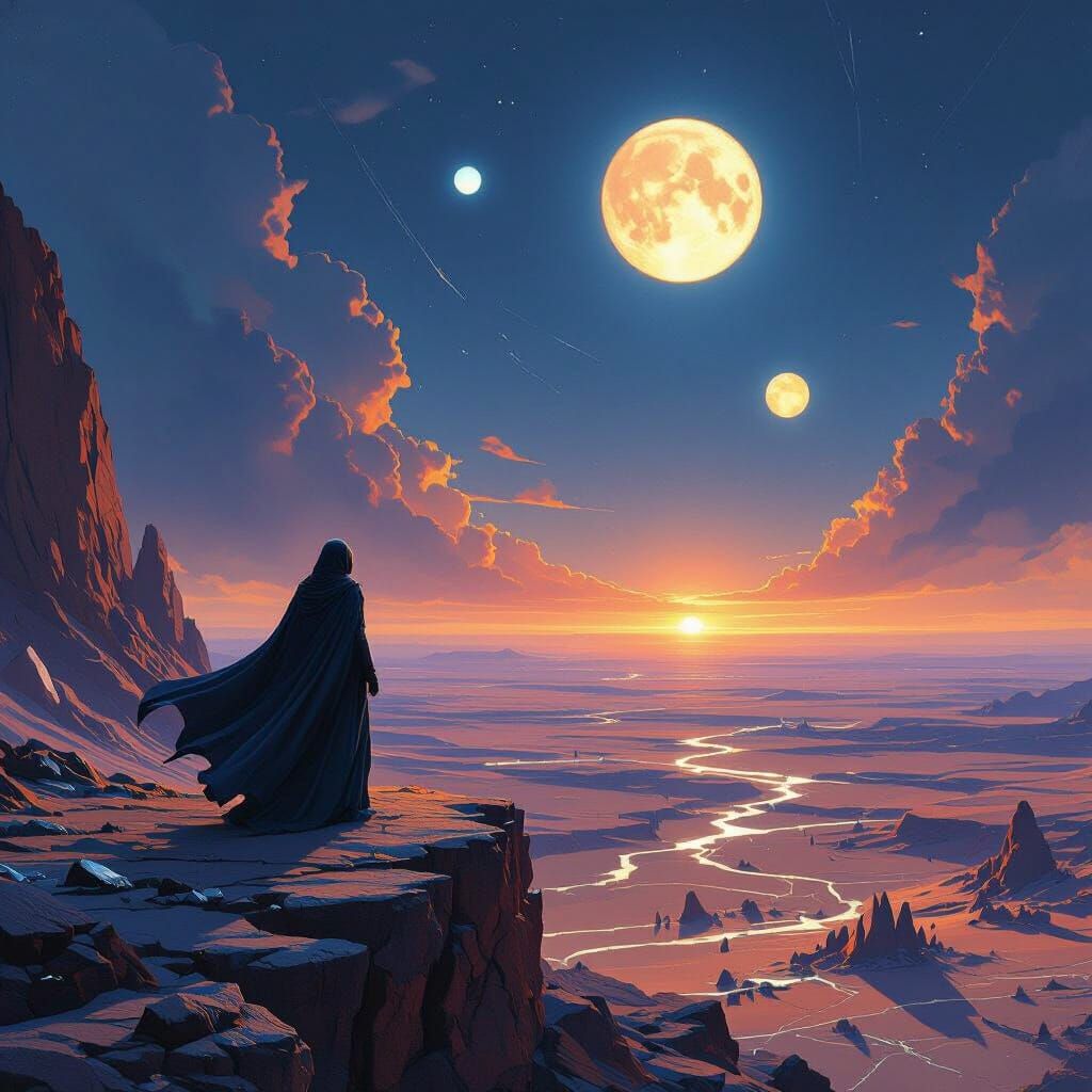 Woman on Precipice Overlooking Alien Desert Under Twin Suns