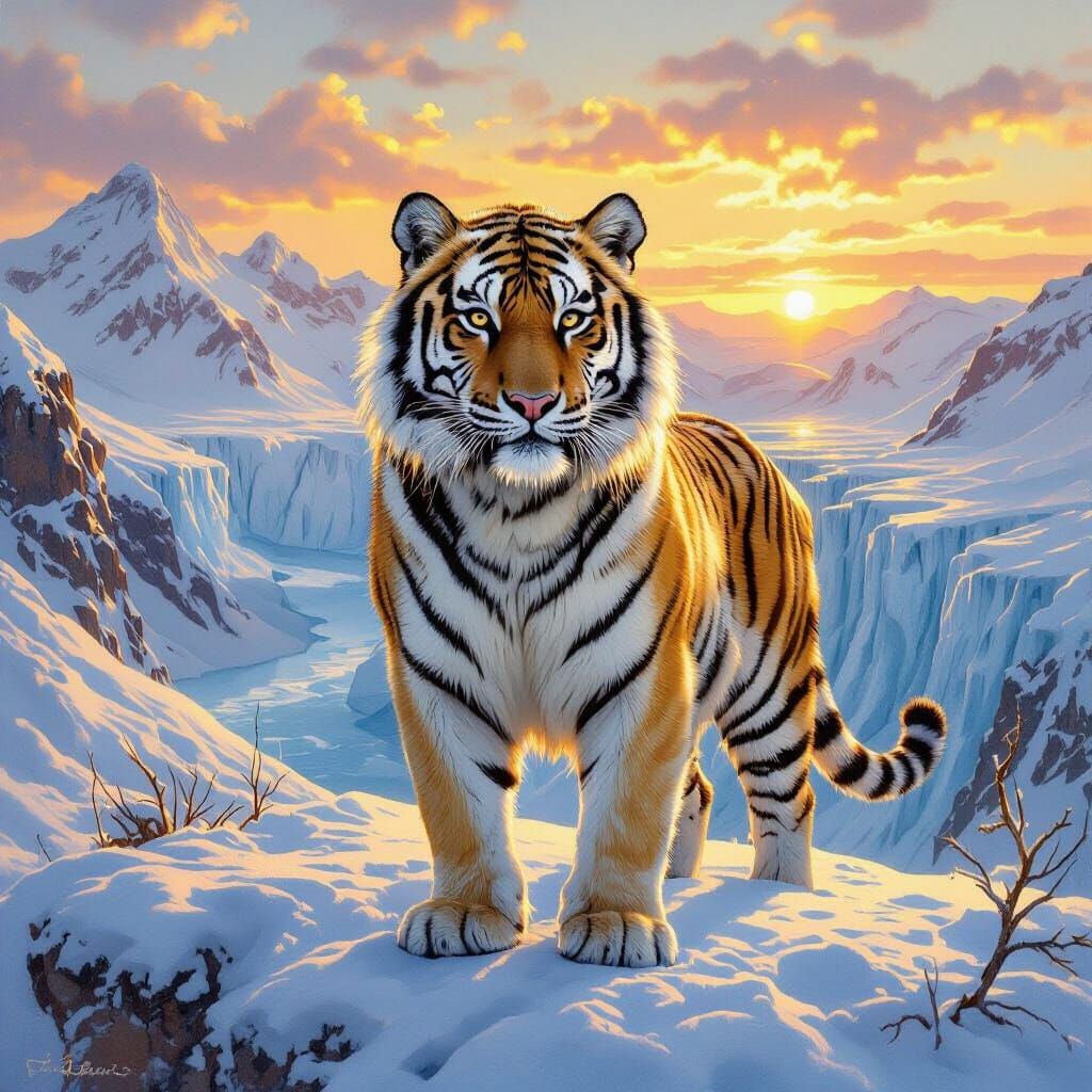 Siberian Tiger in Glacial Valley, Classical Oil Painting