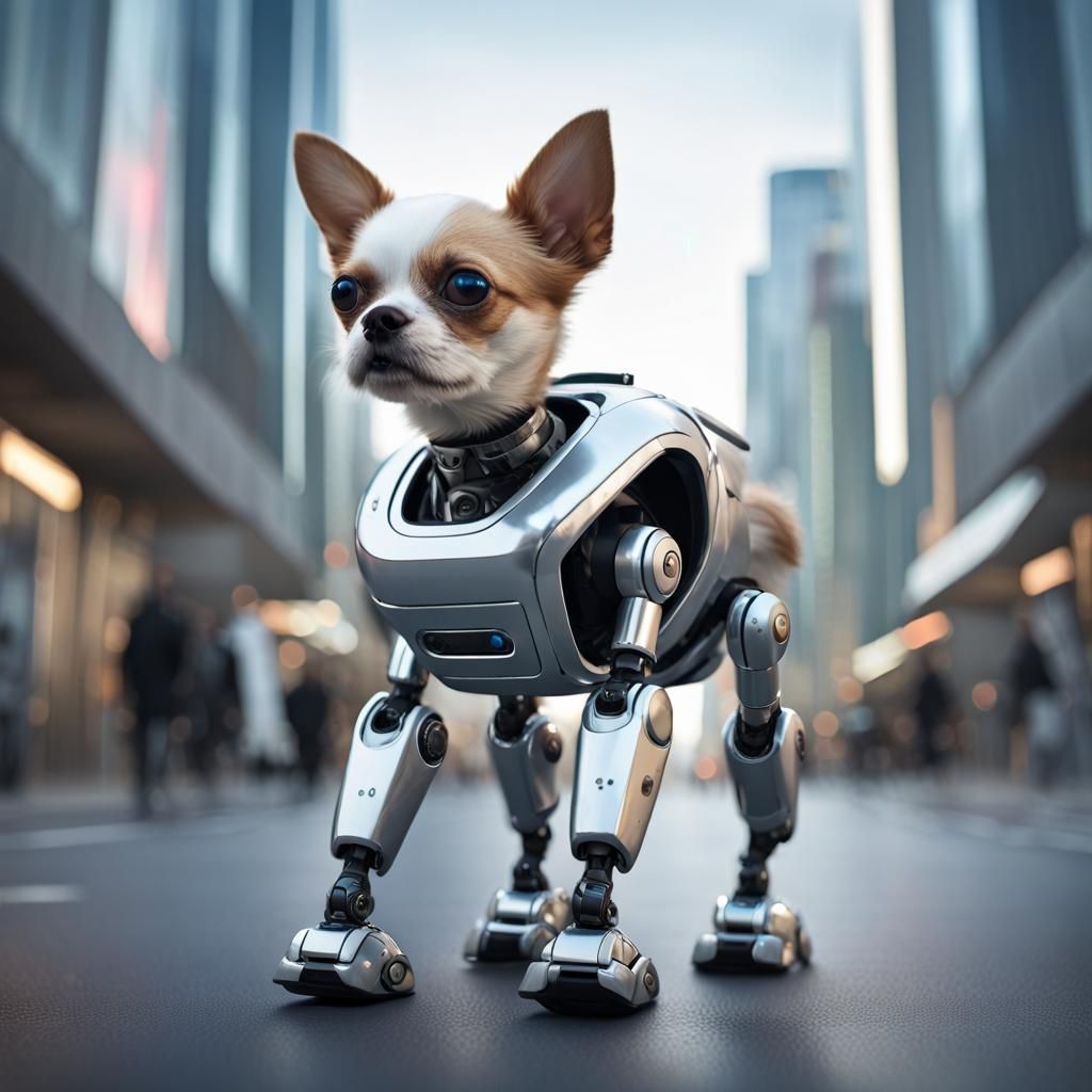 Robot Walks Dog in Futuristic City: Photorealistic Art