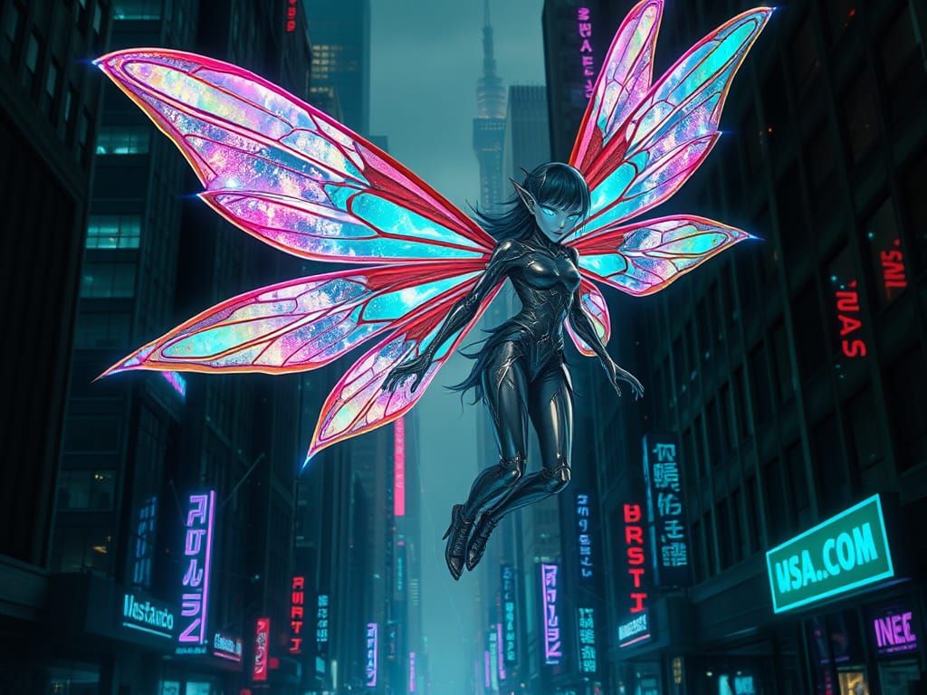 Cyberpunk Fairy Dances in Neon Shadows