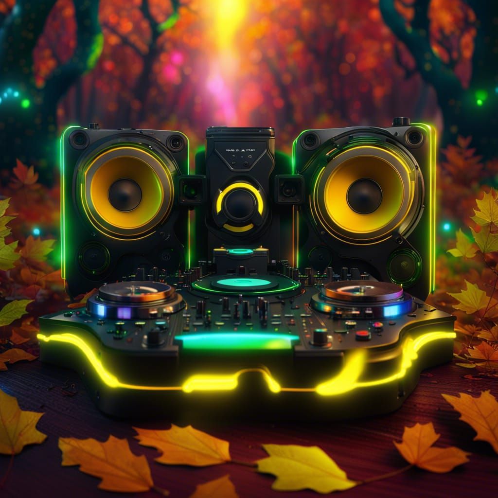 Neon DJ Equipment Under Autumn Aurora