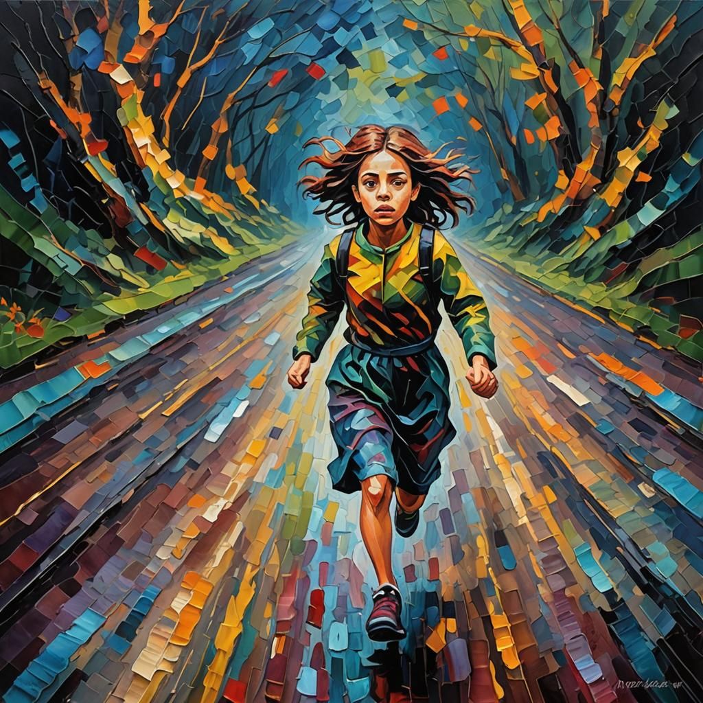 Girl Runs on Dark Road: Expressionist Oil Painting